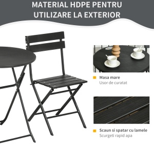 Set de Gradina 3 Piese cu 2 Scaune si Masa Pliabile din Otel si HDPE pentru Balcon si Terasa, Gri Inchis - Img 6
