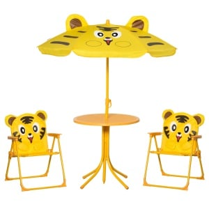 Set de Grădină 4 Piese pentru Copii cu Model Tigru și Măsuță Rotundă, 2 Scaune Pliabile și o Umbrelă Reglabilă, Măsuță cu Scaune pentru Copii 3-6 Ani de Exterior, Galben - Img 1