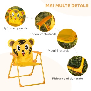 Set de Grădină 4 Piese pentru Copii cu Model Tigru și Măsuță Rotundă, 2 Scaune Pliabile și o Umbrelă Reglabilă, Măsuță cu Scaune pentru Copii 3-6 Ani de Exterior, Galben - Img 6