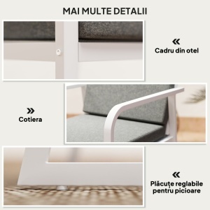 Set de Gradina cu Masa si Scaune cu Perne Detasabile, Blat din Sticla si Cadru din Otel, 108x60x72 cm, Alb - Img 7