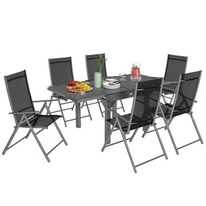 Set de Grădină din 7 Piese cu Masă Extensibilă și 6 Scaune Pliabile cu Brațe, 90/180x90x75 cm, Gri și Negru - Img 1
