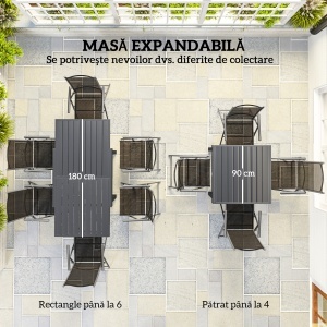 Set de Grădină din 7 Piese cu Masă Extensibilă și 6 Scaune Pliabile cu Brațe, 90/180x90x75 cm, Gri și Negru - Img 4