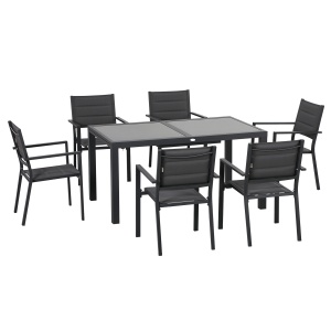 Set de Gradina din Aluminiu 7 Piese cu Masa Dreptunghiulara Extensibila si 6 Scaune de Exterior cu Sezuta din Plasa Respirabila, Gri - Img 1