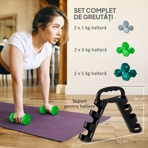 Set de haltere cu suport, 3 perechi de greutăți de 2 x 1 kg, 2 x 3 kg, 2 x 5 kg, Multicolor - Img 4