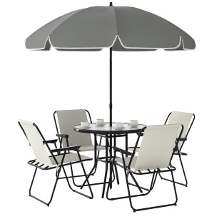 Set de Mobilier de Grădină din 6 Piese cu Umbrelă de Soare, Masă și Scaune Pliante, Ф80x70 cm, Alb Crem - Img 1