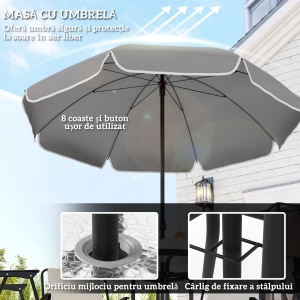 Set de Mobilier de Grădină din 6 Piese cu Umbrelă de Soare, Masă și Scaune Pliante, Ф80x70 cm, Alb Crem - Img 4