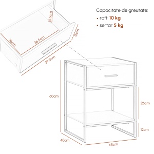 Set din 2 Noptiere Moderne, Noptiere cu Raft și Sertar, Organizatoare de Depozitare pentru Dormitor, 45x40x60 cm, Alb - Img 3