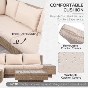 Set Living de Gradina din Rattan, 4 Piese, Coltar pentru Exterior cu Perne, Masute Laterale si Masuta de Cafea, Maro Deschis - Img 6