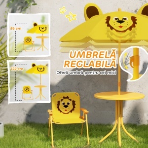 Set Masă, 2 Scaune și Umbrelă pentru Grădină, pentru Copii 2-5 Ani, Galben - Img 5