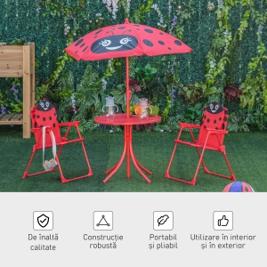 Set masă de grădină cu 2 scaune pliabile, masă și scaune pentru copii în aer liber cu umbrelă din metal și poliester, roșu - Img 5