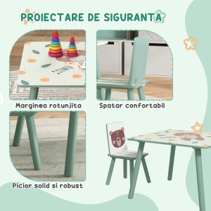 Set masa si scaun 3 piese pentru copii MDF lemn de pin desene animale verde distractie copii indemanare confortabil pentru copii model cu desene - Img 5