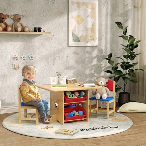 Set Masă și Scaune pentru Copii 3-7 Ani, cu 2 Scaune și 4 Compartimente de Depozitare, 77x57x50 cm, Lemn Natural - Img 2