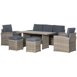 Set Mobila de Gradina de 6 Piese din Ratan PE, Salon cu Canapea 3 Locuri, 2 Fotolii, 2 Taburete si Masa, Perne Detasabile si Lavabile, Gri - Img 1