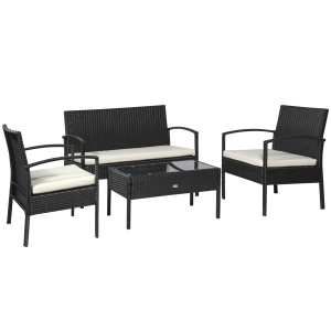 Set Mobila in PE Rattan de Extern cu Masa, 2 Fotolii si Canapea cu Perne, Negru - Img 1