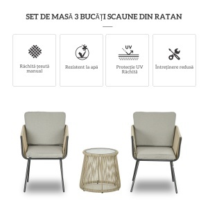 Set mobilier de Grădină cu 2 Scaune și Măsuță de Cafea cu Blat din Sticlă, Ø49x47 cm, Maro - Img 5