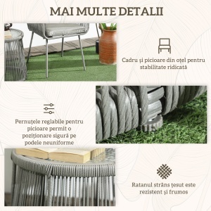 Set Mobilier de Grădina cu 2 Scaune și Măsuță de Cafea cu Blat din Sticlă, Ø49x47 cm, Gri - Img 6