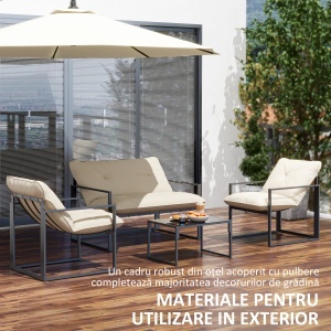 Set Mobilier Exterior 4 Piese, Set Relaxare cu Măsuță din Sticlă, Canapea, 2 Fotolii și Perne, Bej - Img 6