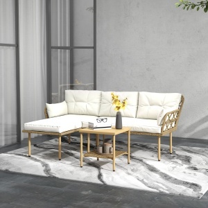 Set Mobilier Grădină 4 Persoane, 3 Piese cu Măsuță de Cafea, Perne Confortabile Incluse, Ratan Crem - Img 2