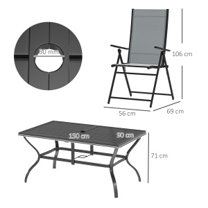 Set pentru Grădină din 7 Piese, cu 6 Scaune Pliabile și Masă cu Orificiu pentru Umbrelă, 150x90x71 cm, Gri - Img 3