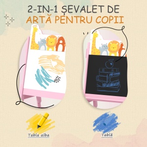 Șevalet Artistic pentru Copii 3-8 Ani cu Tablă Albă, Tablă Neagră și 2 Coșuri Depozitare, 53,5x49x113 cm, Roz - Img 4