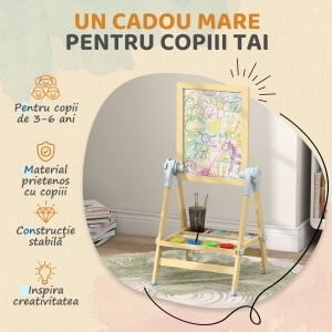 Șevalet pentru copii cu tablă dublă pentru cretă și markere, tablă magnetică și rolă de hârtie, lemn - Img 9