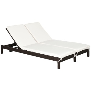 Sezlong cu 2 Locuri din PE Ratan Maro cu Saltea Alba 195 x 120 x 28 cm - Img 1