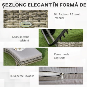 Sezlong de Gradina din Ratan PE, Sezlong pentru Plaja cu Spatar Reglabil si perna Capitonata, 207x70x70cm, Gri - Img 6