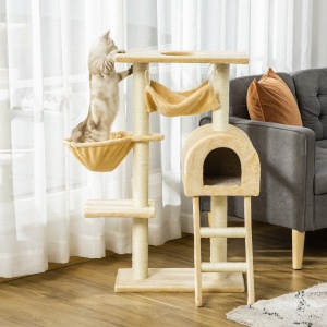Stalp de zgariat pentru Pisici cu mai multe niveluri cu Hamac si Casuta, Franghii din Sisal Natural, 55 × 30 × 100 cm - Img 2
