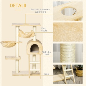 Stalp de zgariat pentru Pisici cu mai multe niveluri cu Hamac si Casuta, Franghii din Sisal Natural, 55 × 30 × 100 cm - Img 7