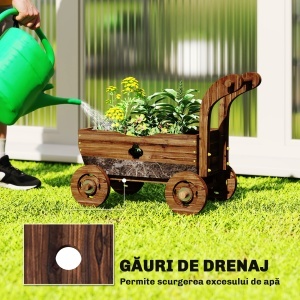 Strat Înălțat pentru Grădină în Formă de Cărucior cu 4 Roți și Mâner, Ghiveci din Lemn de Molid cu Găuri de Drenaj, pentru Balcon, Terasă, 68x38x52 cm, Finisaj Carbonizat - Img 5