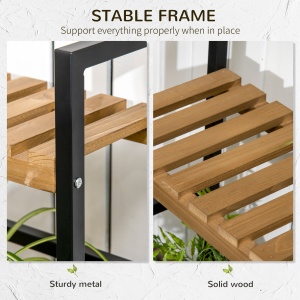 Suport de flori cu 3 niveluri cu carlige din lemn de brad si metal pentru interior si exterior, 80x36x174 cm, culoare negru si lemn - Img 6