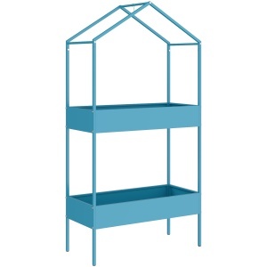 Suport Ghivece pe 2 Niveluri din Metal în Formă de Casă, Raft pentru Plante cu Cârlig pentru Interior și Exterior, 75x35x150 cm, Verde Albastru - Img 1