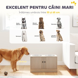 Suport pentru boluri pentru câini cu 2 boluri de 2L și dulap inferior, din lemn, 60x30x35,5 cm, stejar - Img 9