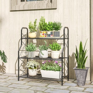 Suport pentru Plante Vertical cu 3 Niveluri, cu Suporturi Laterale în X, Suport Ghivece cu Mânere Integrate din Metal pentru Interior și Exterior, 69x28.5x78 cm, Negru - Img 2
