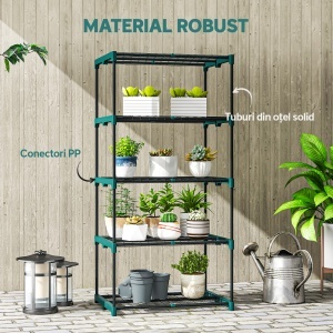 Suport pentru Plante Vertical cu 5 Niveluri din Oțel și Plastic, Suport Ghivece pentru Interior și Exterior Grădină Balcon, 67x49x138 cm, Verde Închis - Img 6