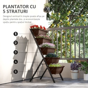 Suport pentru Plante Vertical cu 5 Niveluri și 5 Ghivece cu Găuri de Drenaj, Suport din Oțel și Plastic, 55x63x120 cm, Maro - Img 4