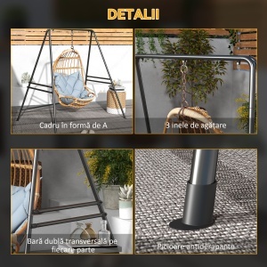 Suport pentru Scaun Hamac, Cadru Metalic Rezistent pentru Hamac Suspendat, Balansoar de Terasă, Fotoliu Tip Ou, Negru - Img 7