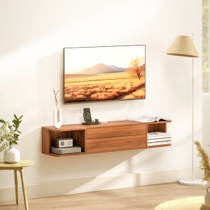 Suport TV suspendat până la 50" cu prize de curent, USB și tip C, sertar și rafturi, 120x24x22.4 cm, Nuc - Img 9