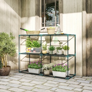 Suport Vertical pentru Plante cu 3 Niveluri din Oțel și Plastic, Suport Ghivece pentru Interior și Exterior, Grădină, Balcon, 143x48x100 cm, Verde Închis - Img 2