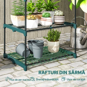 Suport Vertical pentru Plante cu 4 Niveluri din Oțel și Plastic, Suport pentru Ghivece de Interior și Exterior, Grădină, Balcon, 67x49x105 cm, Verde Închis - Img 5