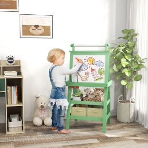 Tablă pentru Copii cu Șevalet 3 în 1, Sul de Hârtie și 2 Containere, din Lemn, 59x48x118 cm, Verde - Img 2