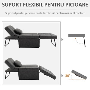 Taburet Pat Individual 3 în 1 cu Spătar Reglabil pe 5 Nivele și Pernă Suplimentară, 95x179x78 cm, Gri - Img 6