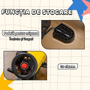 Tractor de Pedalat pentru Copii de 3+ Ani cu Remorcă, Greblă, Lopată și Claxon, 133x42x51 cm, Galben - Img 6