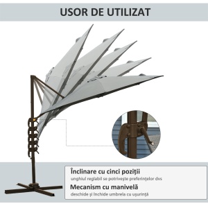 Umbrel de Gradină cu Manivelă cu Înclinare Reglabilă, Umbrelă cu Braț și Stinghii, Ø2.95x2.5 m, Gri - Img 6