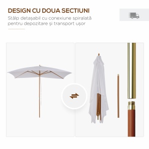Umbrela de Gradina 2x3 m, Umbrela Parasolar Impermeabila din Lemn Lacuit cu Copertina Detasabila, Alb - Img 5