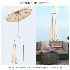 Umbrelă de Grădină cu Deschidere cu Manivelă, Fald Dublu şi Înclinabil, 2.7x2.4 m, Alb Crem - Img 8