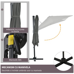 Umbrelă de Grădină cu Manivelă de Mână cu Unghi Reglabil pe 5 Niveluri și Rotație la 360°, 245x245x245 cm, Gri - Img 6
