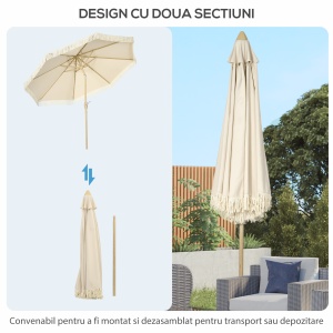 Umbrelă de Grădină Înclinabilă pe 3 Niveluri cu Franjuri, Manivelă și Tijă cu 2 Secțiuni, Ø265x244 cm, Crem - Img 8