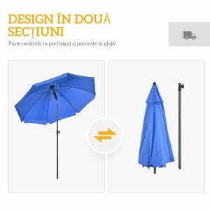 Umbrelă de Plajă 1.8x2 m cu Inclinație la 45° și 8 Stecche, Poliester și Oțel, Albastru - Img 8