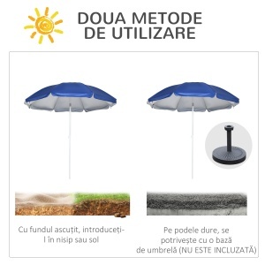 Umbrelă de Plajă cu Acoperiș Înclinabil la 45°, Ferestre și 2 Buzunare, Ø191x211 cm, Albastru - Img 6